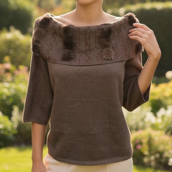 Escada Vintage Brown Faux Mink Knit Sweater Sz 8/10 Beaded Sequin Cowl Neck - Picture 2 of 6